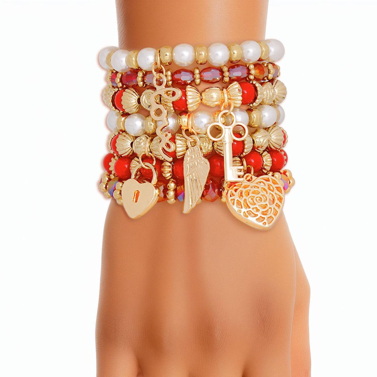 – | Pearl Bracelet Red White Bead Set - Modestly Vogue 