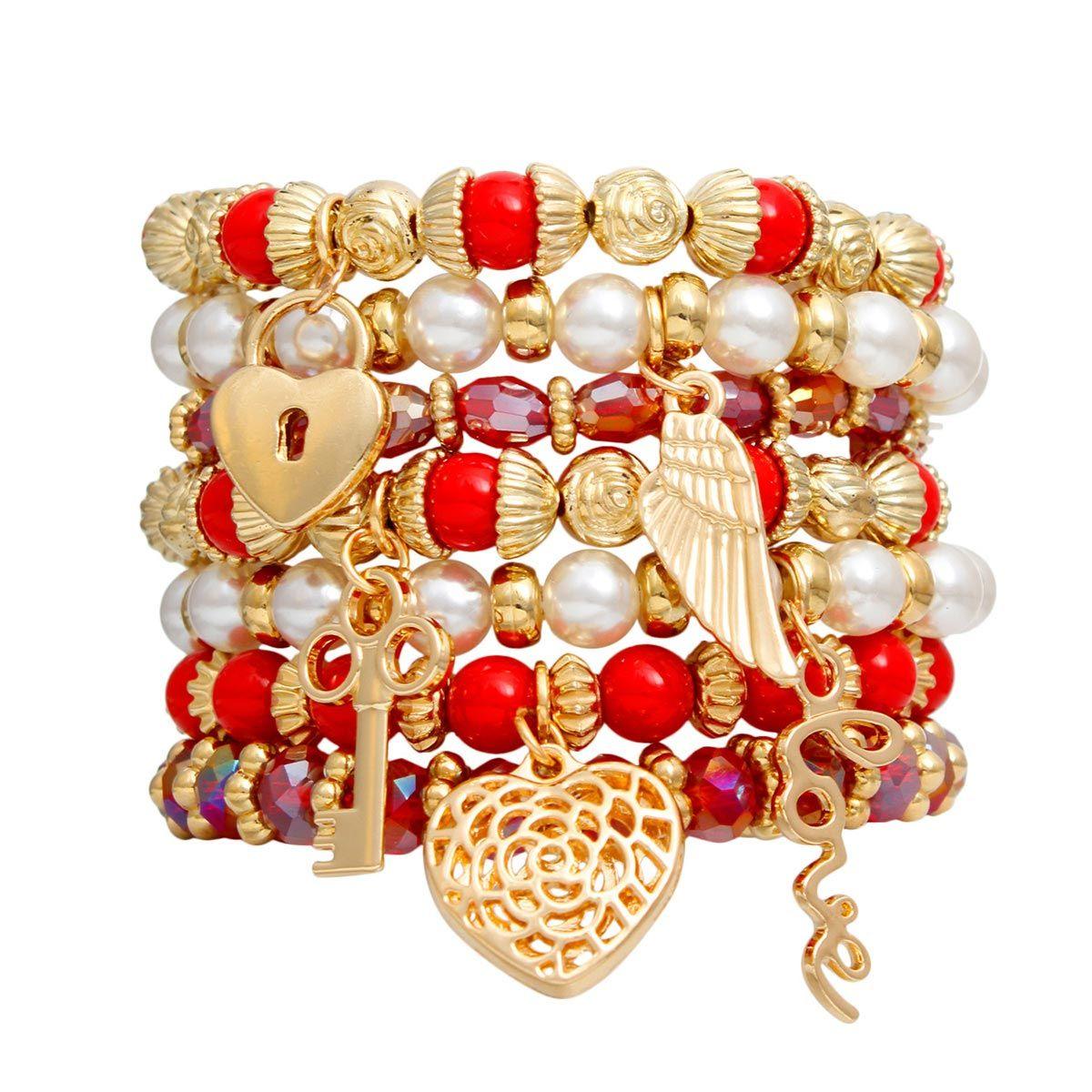 – | Pearl Bracelet Red White Bead Set - Modestly Vogue 