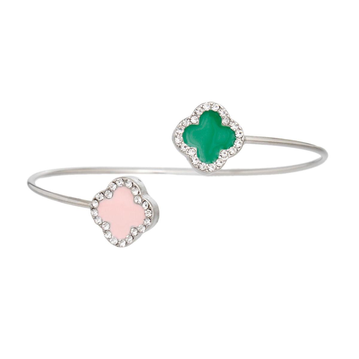 – | Pink Green Stone Clover Open Bangle - Modestly Vogue 