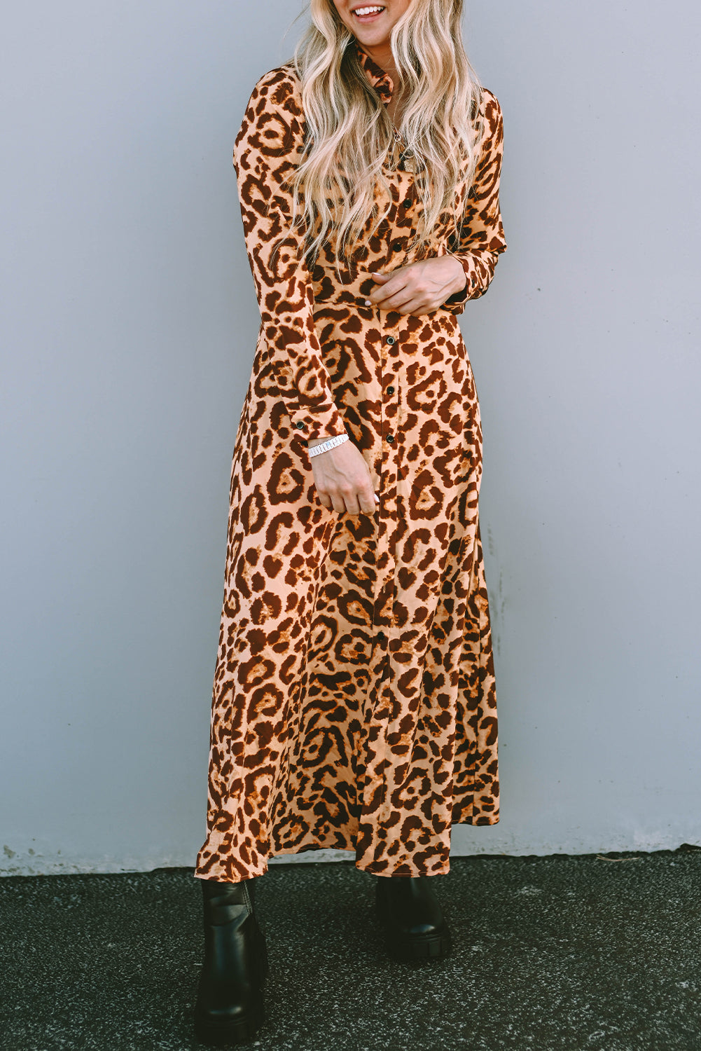 Leopard Button-Up Long Sleeve Maxi Dress - Modestly Vogue 