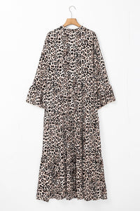 Apricot Leopard Print Tiered Wide Sleeve Maxi Dress - Modestly Vogue 