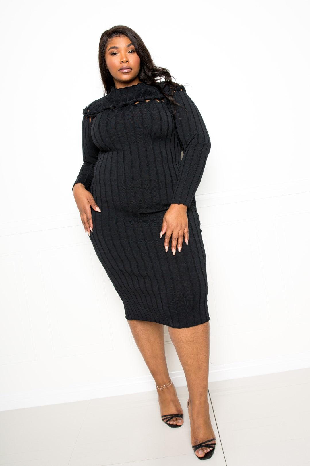 Flattering Curvy Fit | Stylish & Comfortable Plus-Size Clothing | Modestly Vogue Bodycon Sweater Dress With Knot Detail - Modestly Vogue 