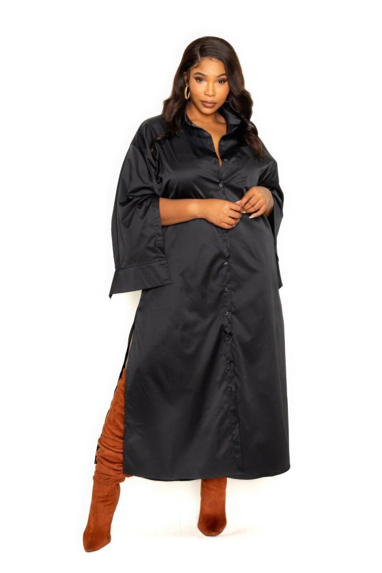 Flattering Curvy Fit | Stylish & Comfortable Plus-Size Clothing | Modestly Vogue Cape Sleeve Shirt Dress - Modestly Vogue 