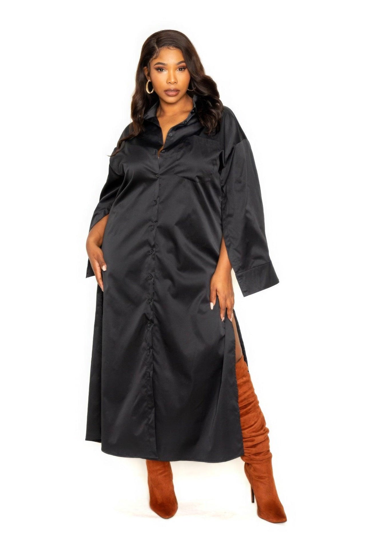 Flattering Curvy Fit | Stylish & Comfortable Plus-Size Clothing | Modestly Vogue Cape Sleeve Shirt Dress - Modestly Vogue 