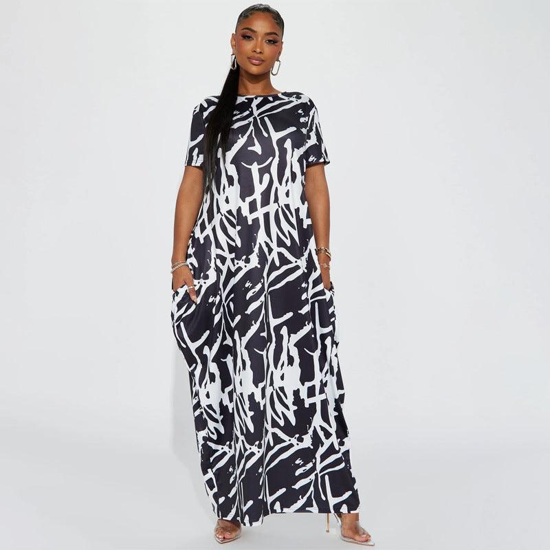 Flattering Curvy Fit | Stylish & Comfortable Plus-Size Clothing | Modestly Vogue Curvy Maxi Dress Abstract Print Black White Comfortable Casual Loose Dress - Modestly Vogue 