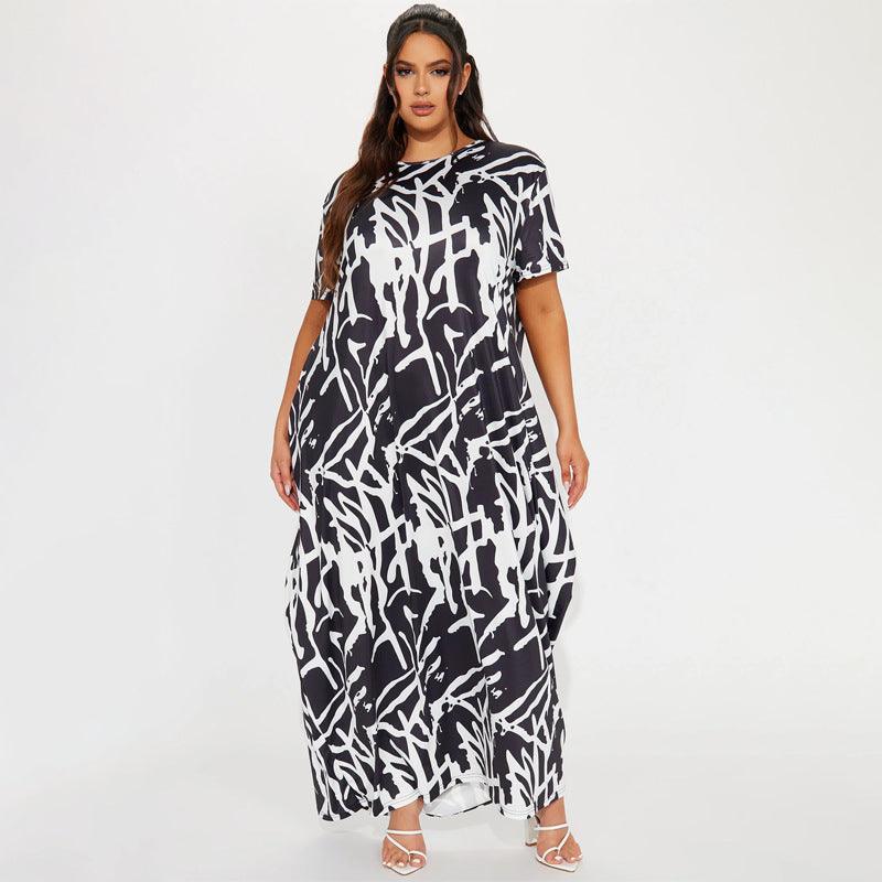 Flattering Curvy Fit | Stylish & Comfortable Plus-Size Clothing | Modestly Vogue Curvy Maxi Dress Abstract Print Black White Comfortable Casual Loose Dress - Modestly Vogue 