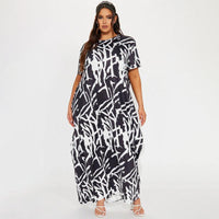 Flattering Curvy Fit | Stylish & Comfortable Plus-Size Clothing | Modestly Vogue Curvy Maxi Dress Abstract Print Black White Comfortable Casual Loose Dress - Modestly Vogue 