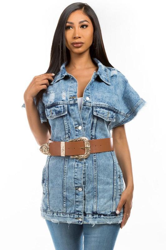 Denim Curvy Fit | - Clothing | DENIM VEST JACKET WITH BELT - Modestly Vogue 