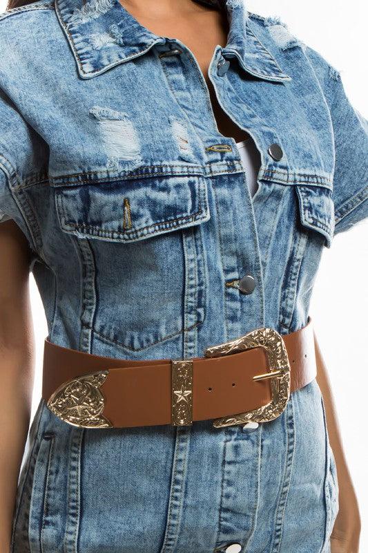 Denim Curvy Fit | - Clothing | DENIM VEST JACKET WITH BELT - Modestly Vogue 