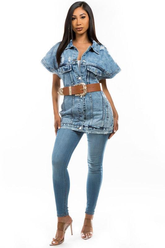 Denim Curvy Fit | - Clothing | DENIM VEST JACKET WITH BELT - Modestly Vogue 