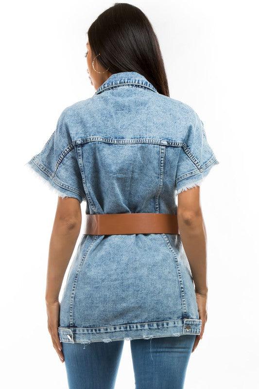 Denim Curvy Fit | - Clothing | DENIM VEST JACKET WITH BELT - Modestly Vogue 