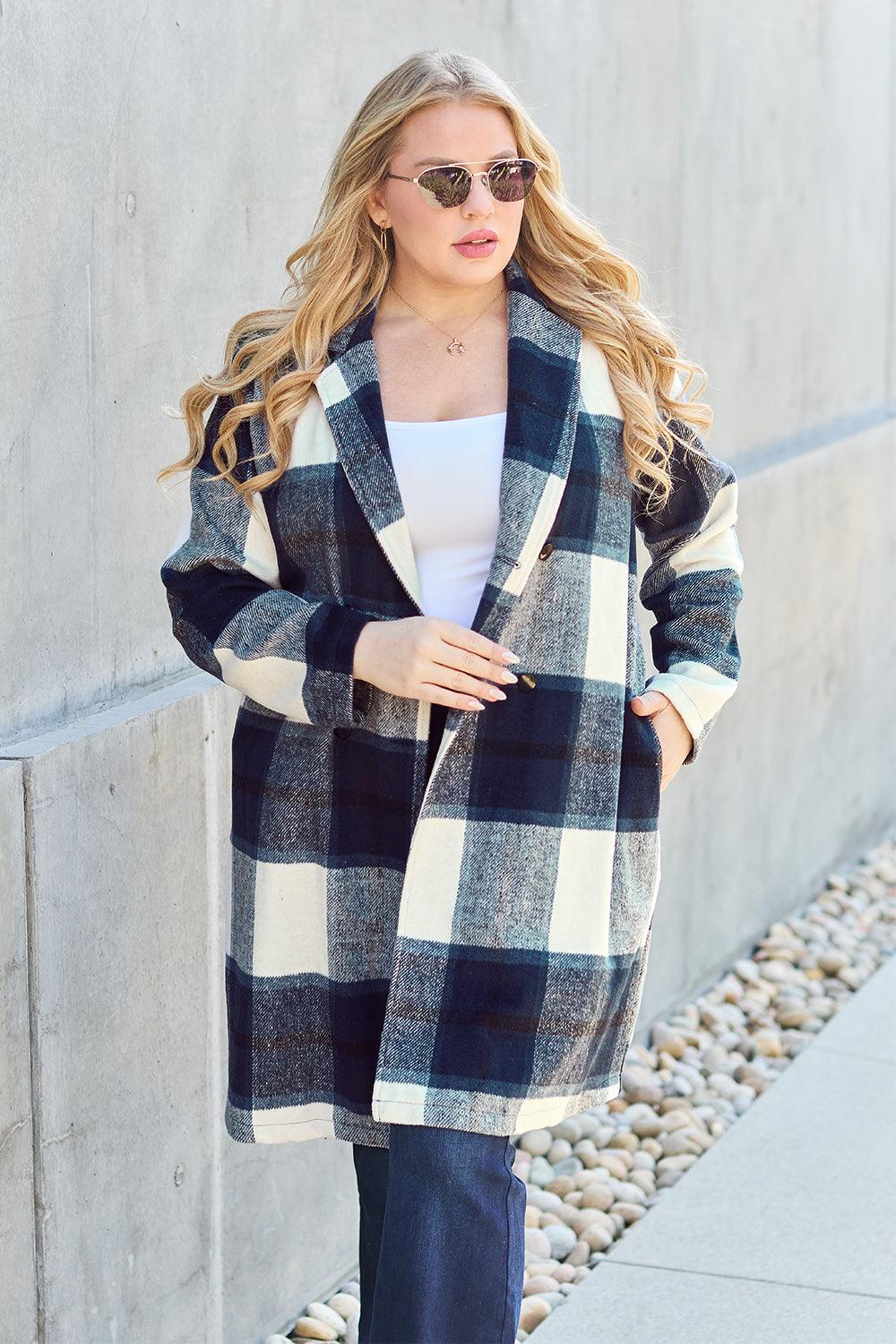 Flattering Curvy Fit | Stylish & Comfortable Plus-Size Clothing | Modestly Vogue Double Take Full Size Plaid Button Up Lapel Collar Coat - Modestly Vogue 