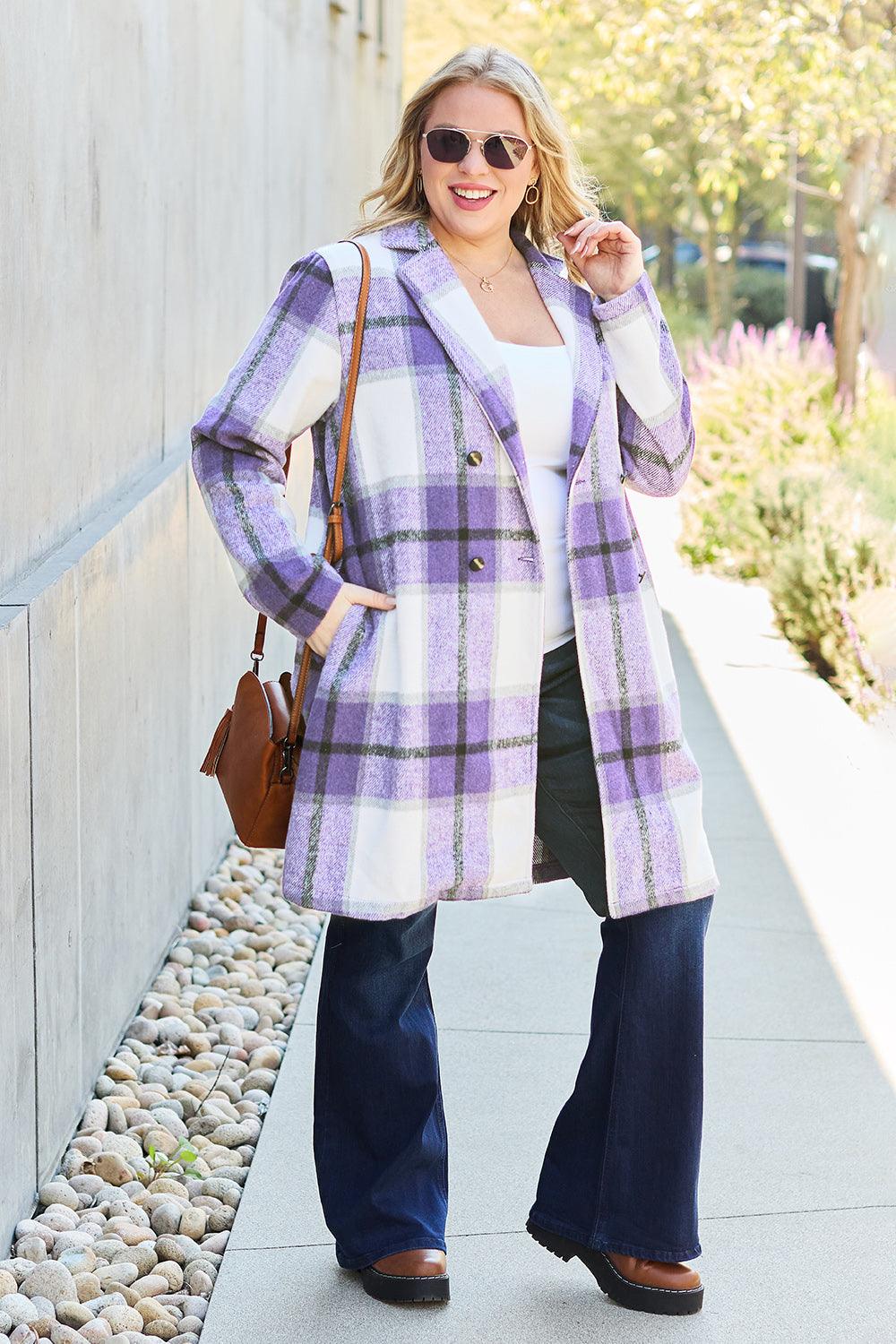 Flattering Curvy Fit | Stylish & Comfortable Plus-Size Clothing | Modestly Vogue Double Take Full Size Plaid Button Up Lapel Collar Coat - Modestly Vogue 