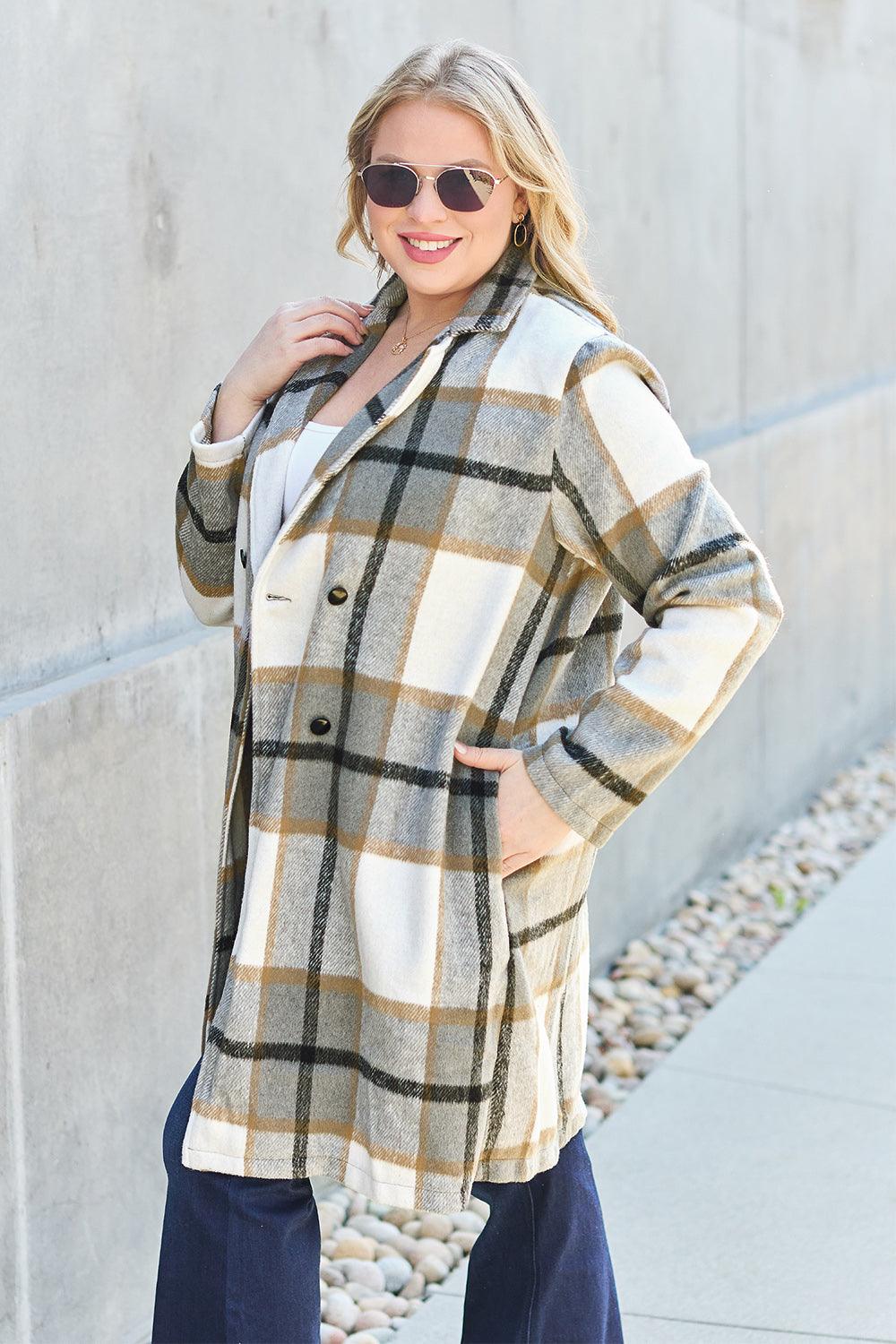 Flattering Curvy Fit | Stylish & Comfortable Plus-Size Clothing | Modestly Vogue Double Take Full Size Plaid Button Up Lapel Collar Coat - Modestly Vogue 