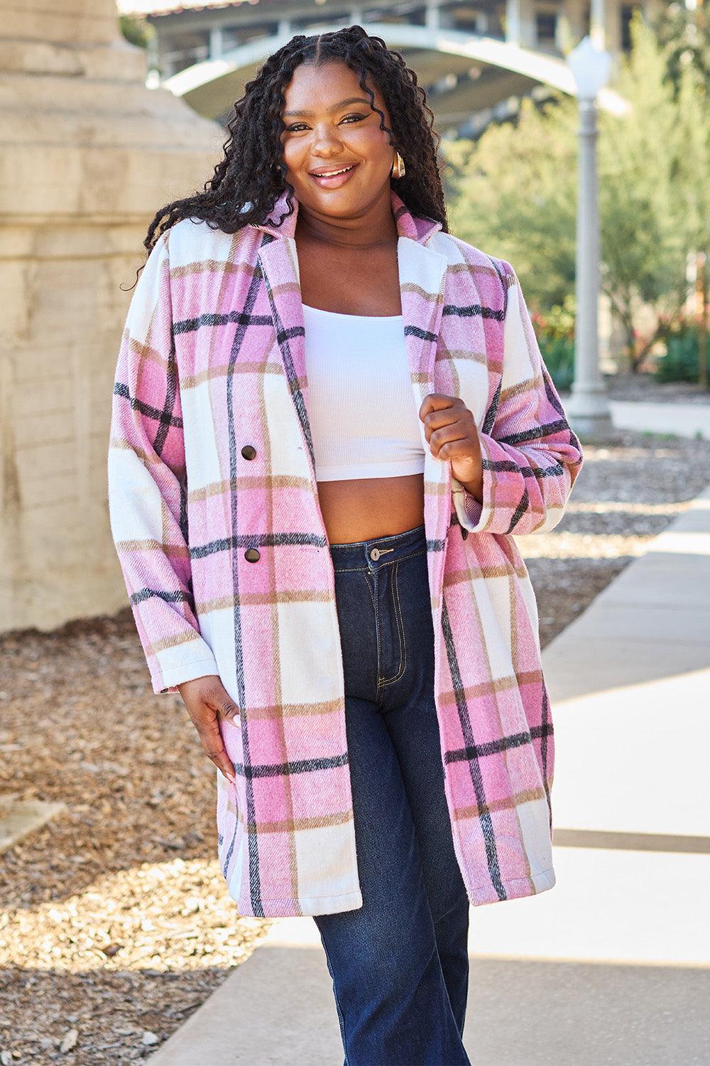 Flattering Curvy Fit | Stylish & Comfortable Plus-Size Clothing | Modestly Vogue Double Take Full Size Plaid Button Up Lapel Collar Coat - Modestly Vogue 