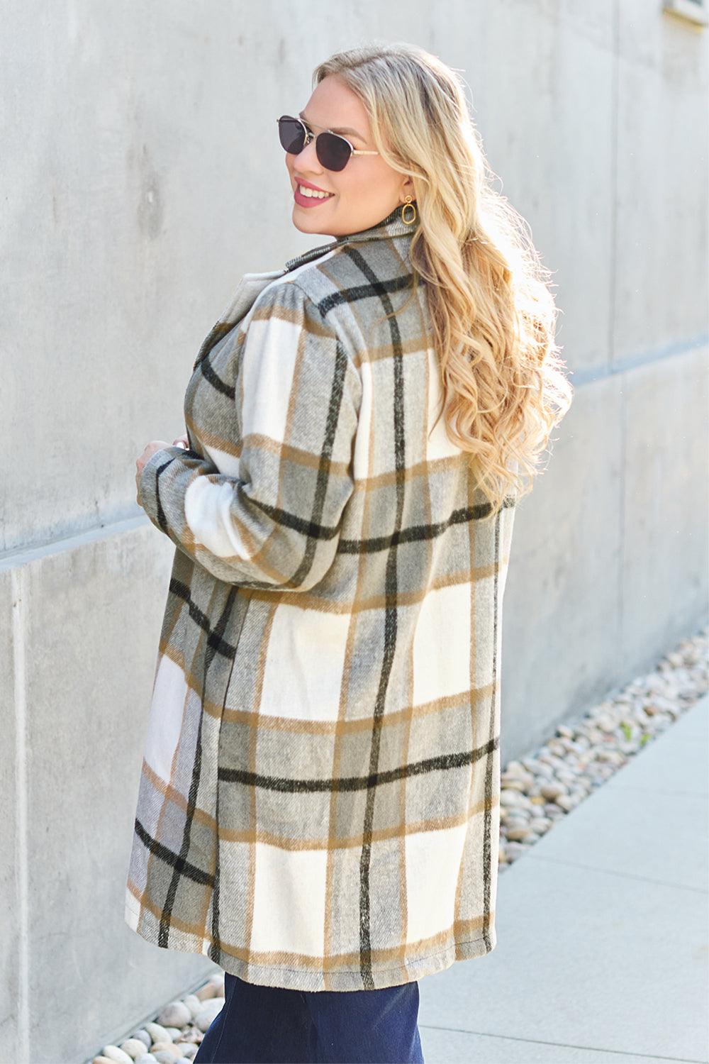 Flattering Curvy Fit | Stylish & Comfortable Plus-Size Clothing | Modestly Vogue Double Take Full Size Plaid Button Up Lapel Collar Coat - Modestly Vogue 