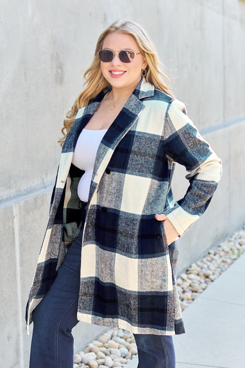 Flattering Curvy Fit | Stylish & Comfortable Plus-Size Clothing | Modestly Vogue Double Take Full Size Plaid Button Up Lapel Collar Coat - Modestly Vogue 