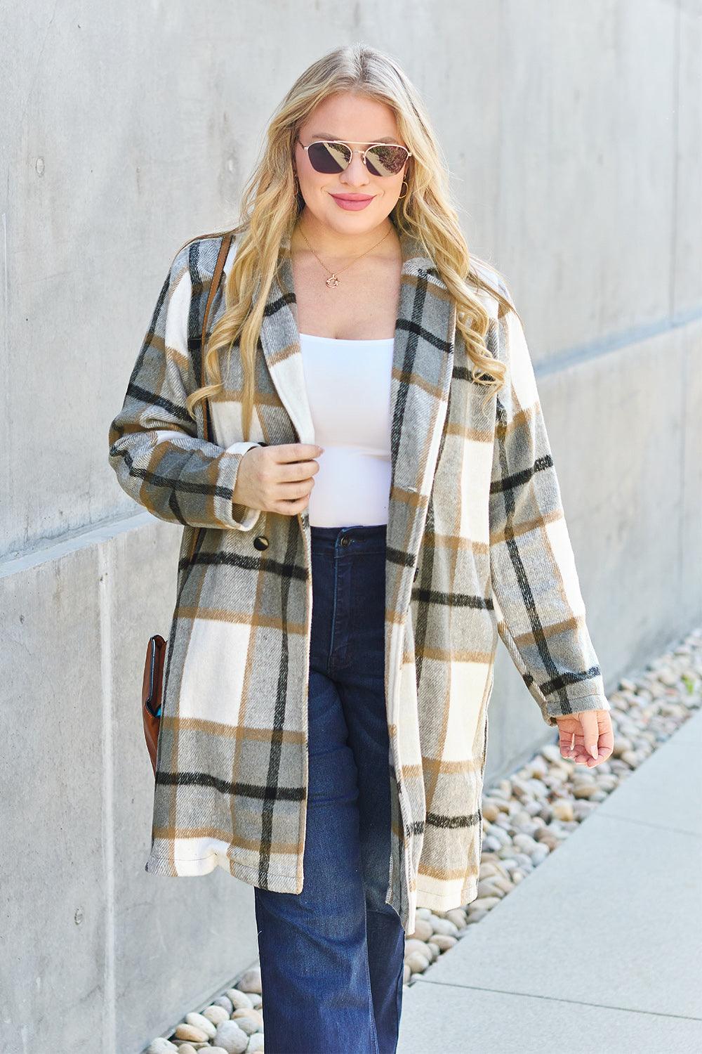 Flattering Curvy Fit | Stylish & Comfortable Plus-Size Clothing | Modestly Vogue Double Take Full Size Plaid Button Up Lapel Collar Coat - Modestly Vogue 