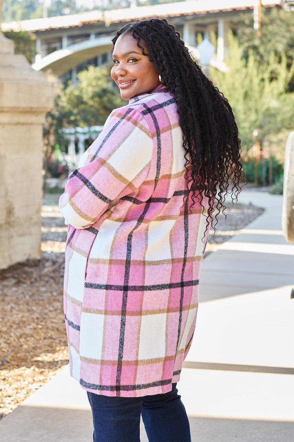 Flattering Curvy Fit | Stylish & Comfortable Plus-Size Clothing | Modestly Vogue Double Take Full Size Plaid Button Up Lapel Collar Coat - Modestly Vogue 