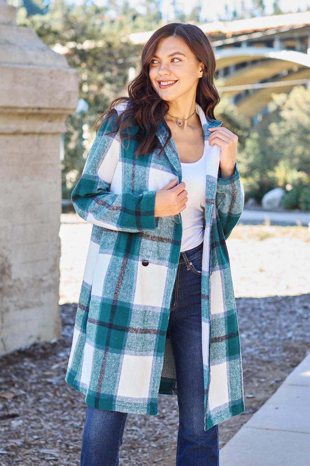 Flattering Curvy Fit | Stylish & Comfortable Plus-Size Clothing | Modestly Vogue Double Take Full Size Plaid Button Up Lapel Collar Coat - Modestly Vogue 