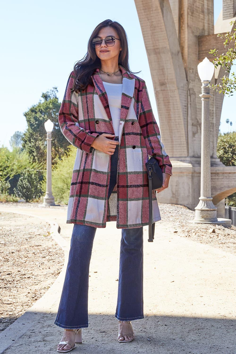 Flattering Curvy Fit | Stylish & Comfortable Plus-Size Clothing | Modestly Vogue Double Take Full Size Plaid Button Up Lapel Collar Coat - Modestly Vogue 