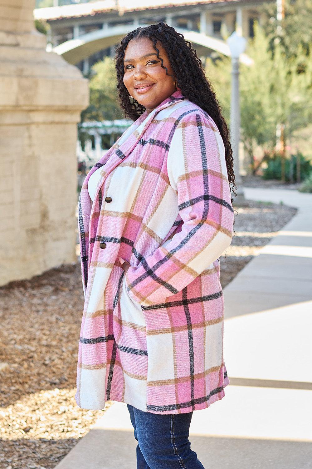 Flattering Curvy Fit | Stylish & Comfortable Plus-Size Clothing | Modestly Vogue Double Take Full Size Plaid Button Up Lapel Collar Coat - Modestly Vogue 