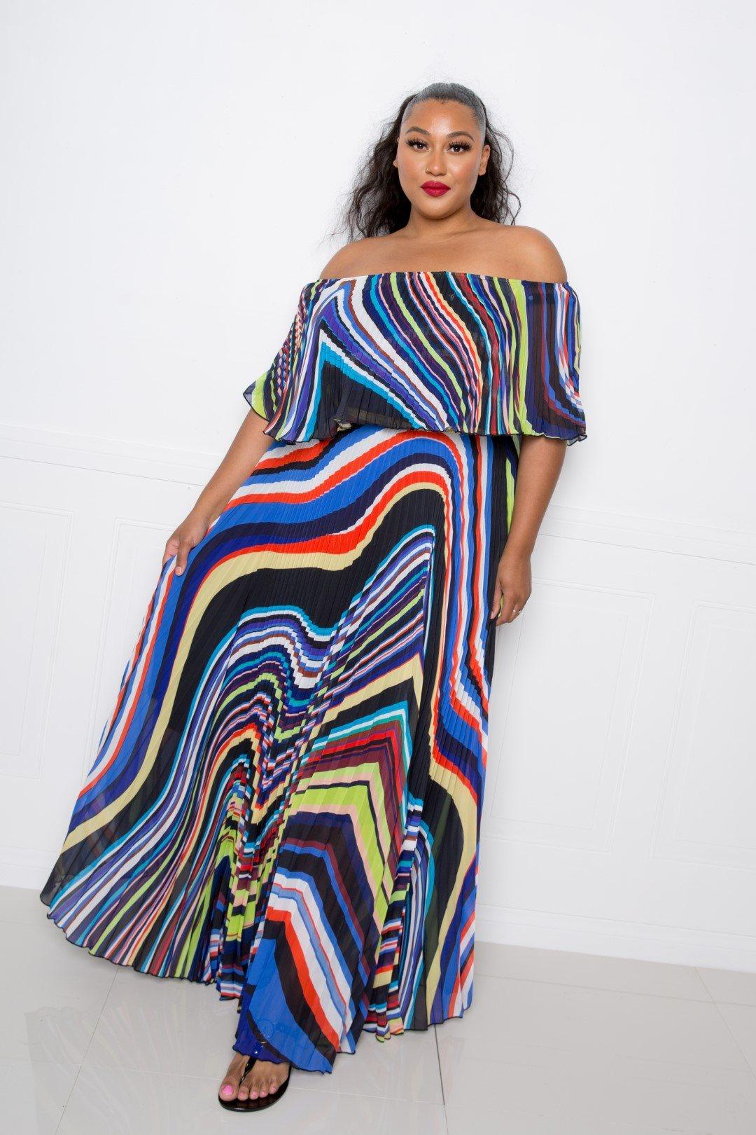 Flattering Curvy Fit | Comtable Plus-Size Clothing | Modestly Vogue Geo Printed Off Shoulder Pleated Maxi Dress - Modestly Vogue 