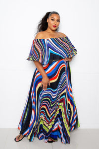 Flattering Curvy Fit | Comtable Plus-Size Clothing | Modestly Vogue Geo Printed Off Shoulder Pleated Maxi Dress - Modestly Vogue 