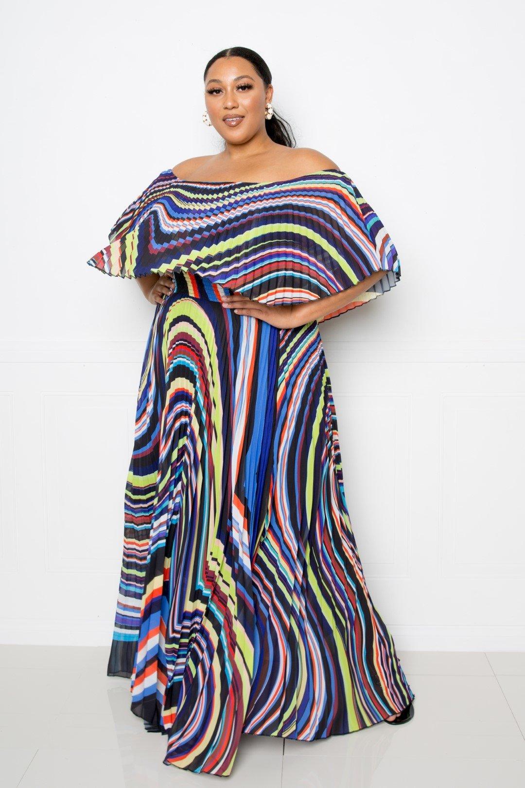 Flattering Curvy Fit | Comtable Plus-Size Clothing | Modestly Vogue Geo Printed Off Shoulder Pleated Maxi Dress - Modestly Vogue 