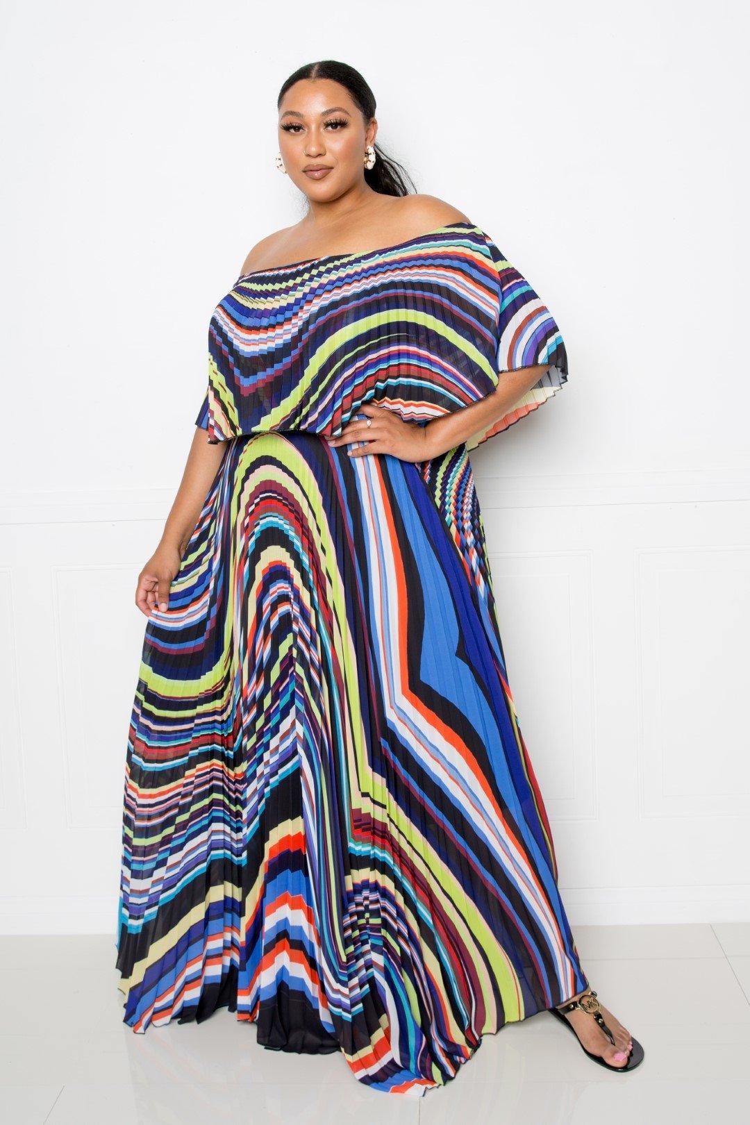 Flattering Curvy Fit | Comtable Plus-Size Clothing | Modestly Vogue Geo Printed Off Shoulder Pleated Maxi Dress - Modestly Vogue 