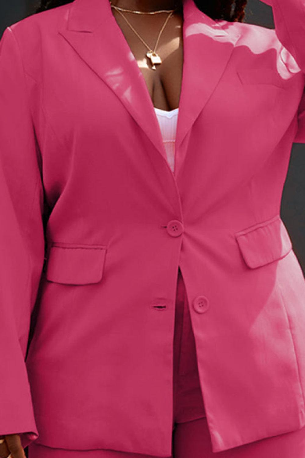 Curvy Fit | & Plus-Size Clothing | Lapel Collar Buttoned Blazer and Long Pants Set - Modestly Vogue 