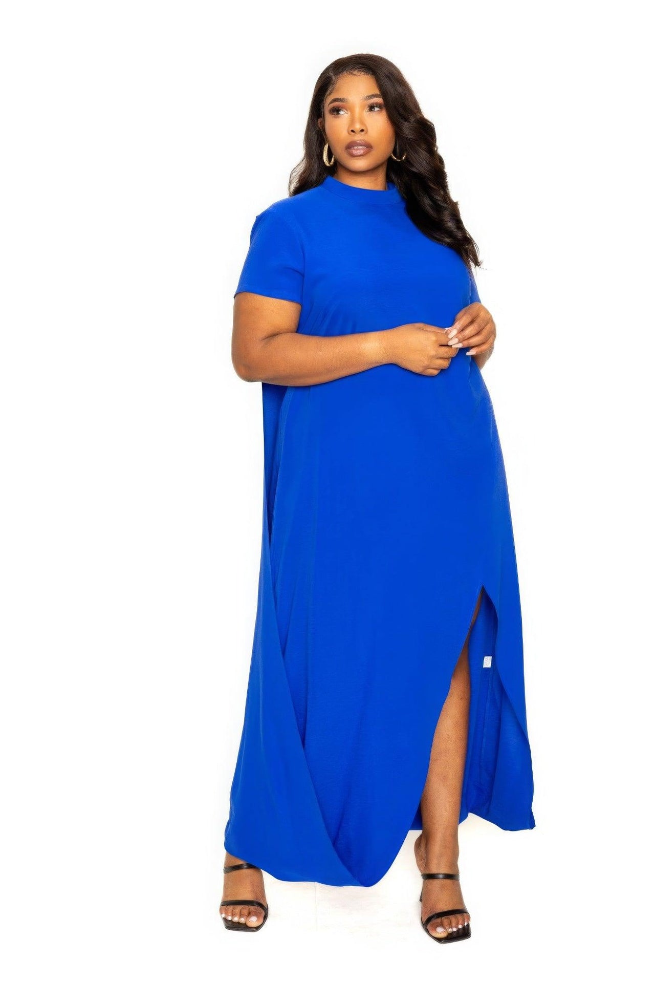 Flattering Curvy Fit | Comtable Plus-Size Clothing | Modestly Vogue Mock neck back cape dress - Modestly Vogue 