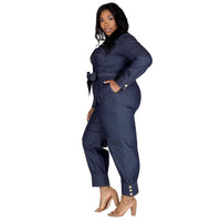 Denim Curvy Fit Slim V-neck Casual Clothing Jumpsuit - Modestly Vogue 