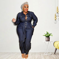 Denim Curvy Fit Slim V-neck Casual Clothing Jumpsuit - Modestly Vogue 