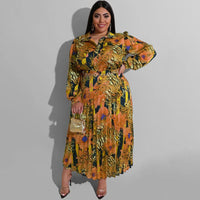 Flattering Curvy Fit | Comtable Plus-Size Clothing | Modestly Vogue Plus Size Autumn Winter Woven Printed Pleated Casual Women Dress - Modestly Vogue 