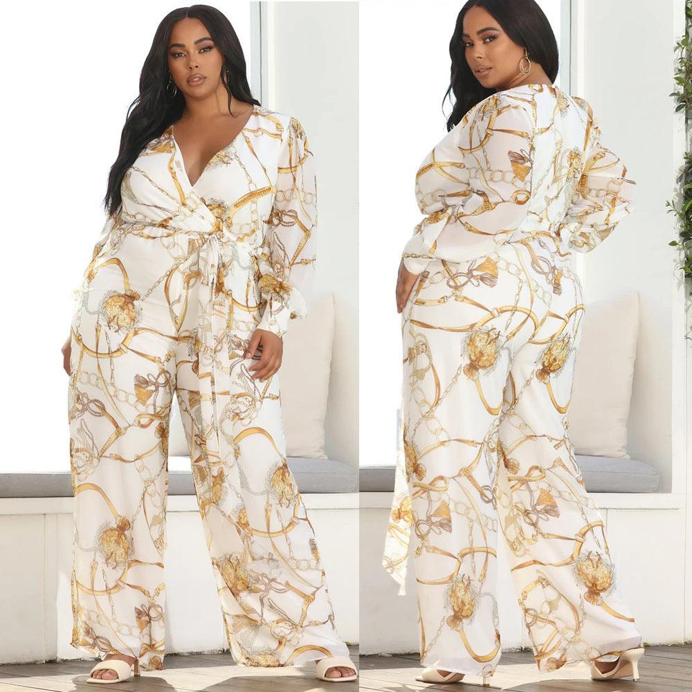 Curvy Fit | & Plus-Size Clothing | Plus Size Plus Size V neck Chiffon Jumpsuit Leopard Print Fashion Sexy Long with Belt - Modestly Vogue 