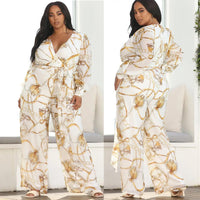 Curvy Fit | & Plus-Size Clothing | Plus Size Plus Size V neck Chiffon Jumpsuit Leopard Print Fashion Sexy Long with Belt - Modestly Vogue 