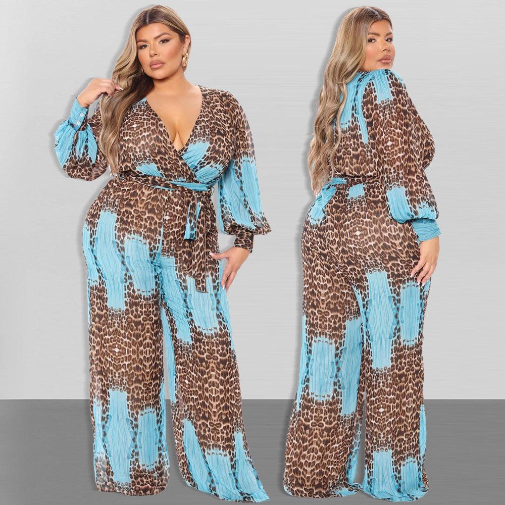 Curvy Fit | & Plus-Size Clothing | Plus Size Plus Size V neck Chiffon Jumpsuit Leopard Print Fashion Sexy Long with Belt - Modestly Vogue 