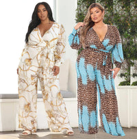 Curvy Fit | & Plus-Size Clothing | Plus Size Plus Size V neck Chiffon Jumpsuit Leopard Print Fashion Sexy Long with Belt - Modestly Vogue 