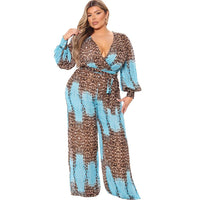 Curvy Fit | & Plus-Size Clothing | Plus Size Plus Size V neck Chiffon Jumpsuit Leopard Print Fashion Sexy Long with Belt - Modestly Vogue 