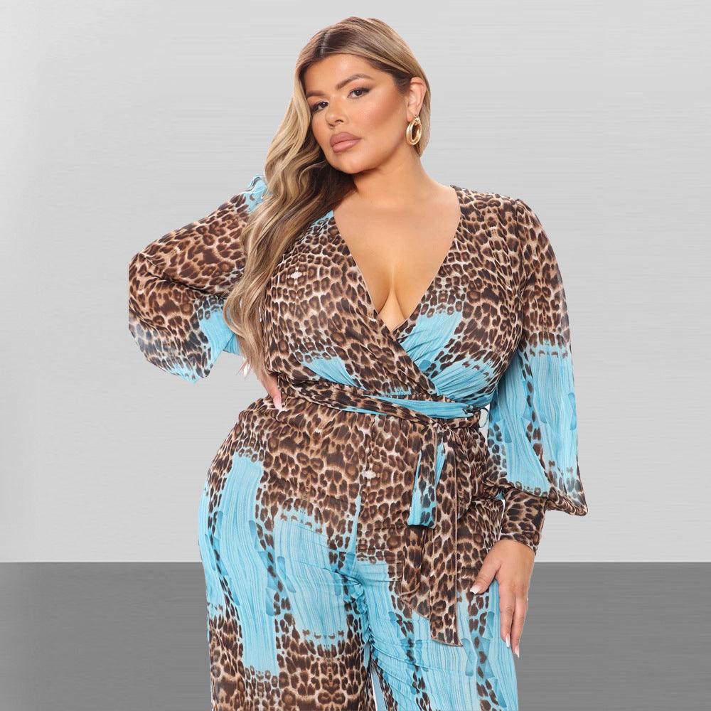 Curvy Fit | & Plus-Size Clothing | Plus Size Plus Size V neck Chiffon Jumpsuit Leopard Print Fashion Sexy Long with Belt - Modestly Vogue 