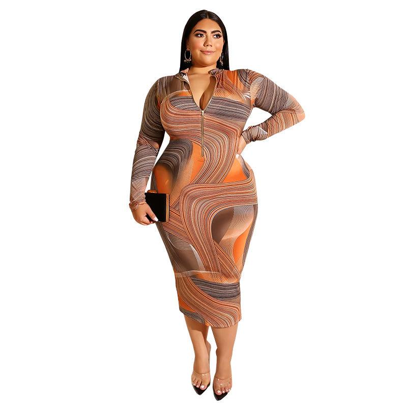 Flattering Curvy Fit | Comtable Plus-Size Clothing | Modestly Vogue Plus Size Printed Skinny Sheath Zipper Front Back Wearable Dress - Modestly Vogue 