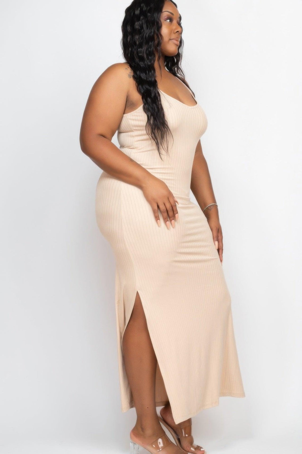 Flattering Curvy Fit | Stylish & Comfortable Plus-Size Clothing | Modestly Vogue Plus Size Ribbed Side Slit Long Cami Maxi Dress - Modestly Vogue 