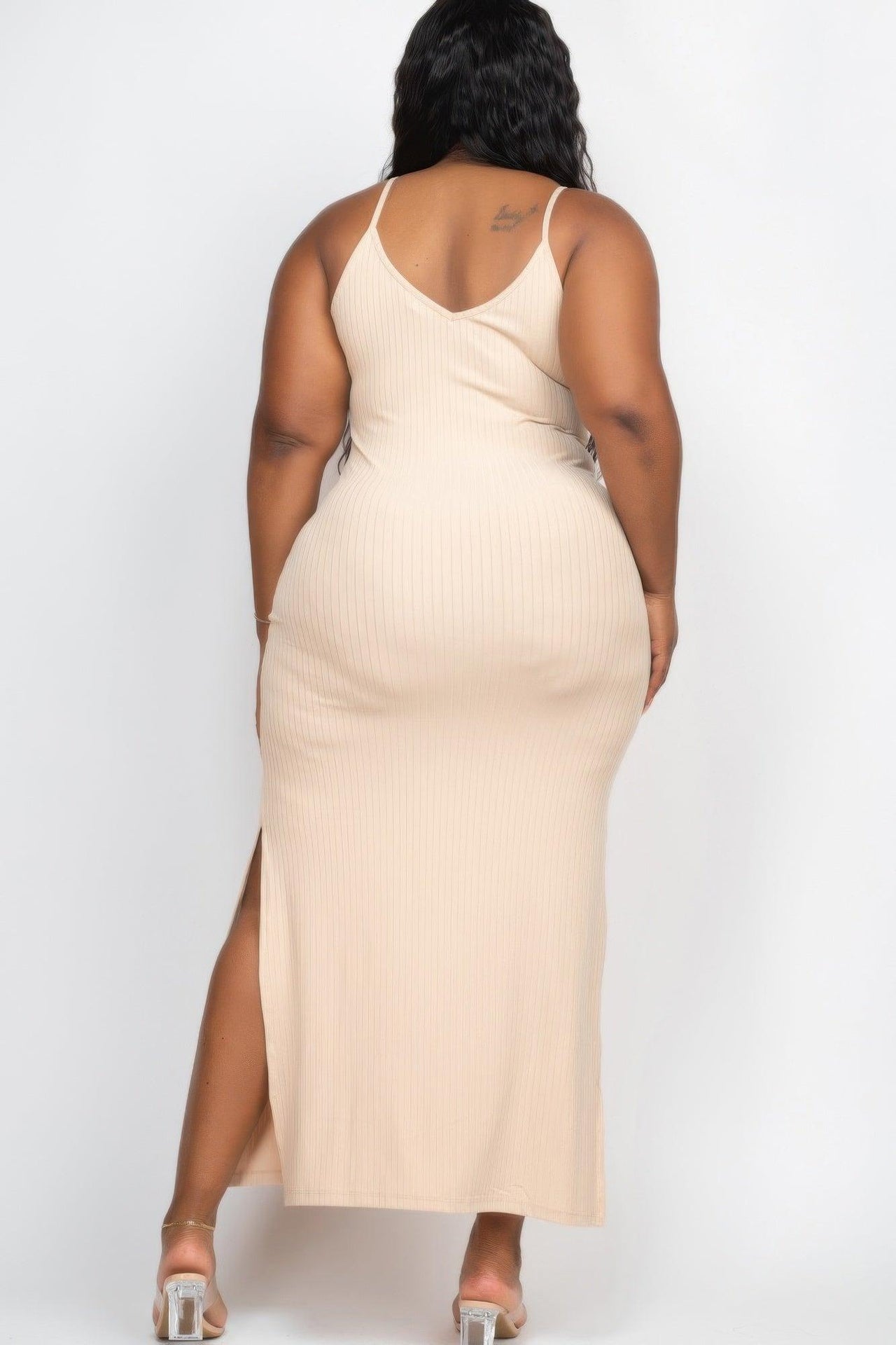 Flattering Curvy Fit | Stylish & Comfortable Plus-Size Clothing | Modestly Vogue Plus Size Ribbed Side Slit Long Cami Maxi Dress - Modestly Vogue 