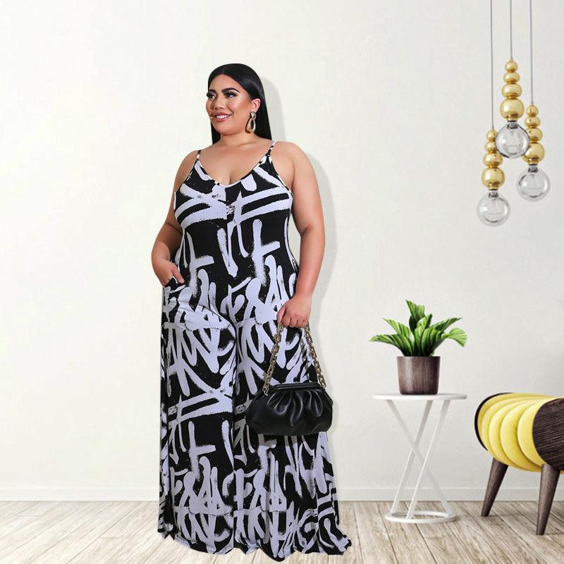 Curvy Fit | & Plus-Size Clothing | Plus Size Women Clothing Summer New Suspender Irregular Asymmetric Graffiti Jumpsuit New - Modestly Vogue 