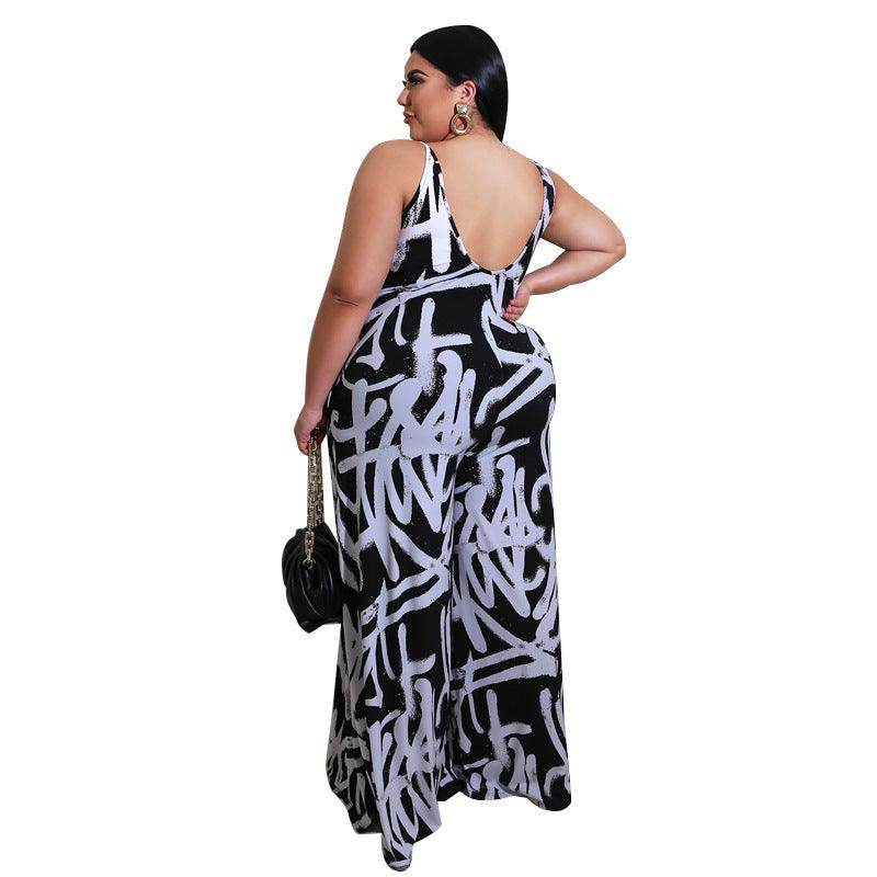 Curvy Fit | & Plus-Size Clothing | Plus Size Women Clothing Summer New Suspender Irregular Asymmetric Graffiti Jumpsuit New - Modestly Vogue 