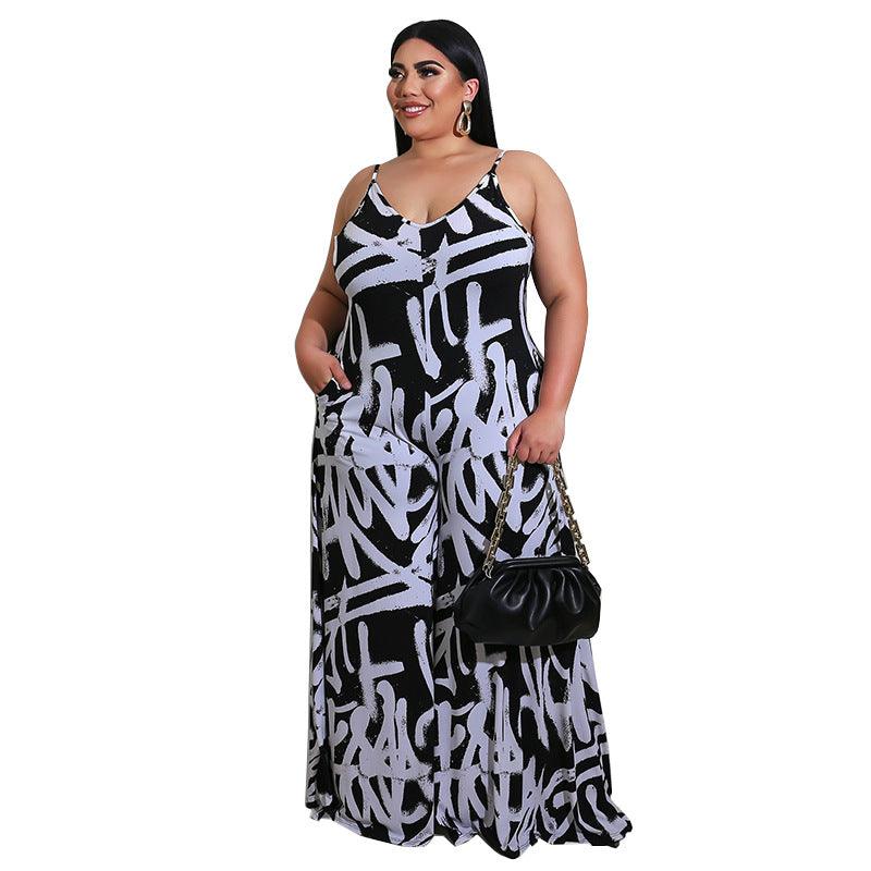 Curvy Fit | & Plus-Size Clothing | Plus Size Women Clothing Summer New Suspender Irregular Asymmetric Graffiti Jumpsuit New - Modestly Vogue 