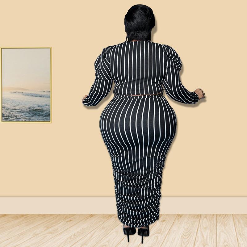 Curvy Fit | & Plus-Size Clothing | Plus Size Women Clothing Summer Striped Printed Bubble Long Sleeve Casual Suit - Modestly Vogue 