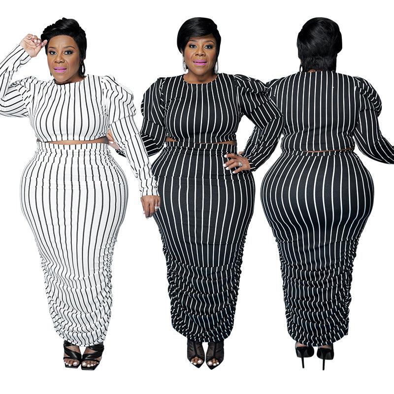 Curvy Fit | & Plus-Size Clothing | Plus Size Women Clothing Summer Striped Printed Bubble Long Sleeve Casual Suit - Modestly Vogue 