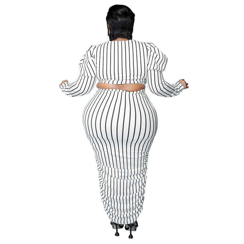 Curvy Fit | & Plus-Size Clothing | Plus Size Women Clothing Summer Striped Printed Bubble Long Sleeve Casual Suit - Modestly Vogue 